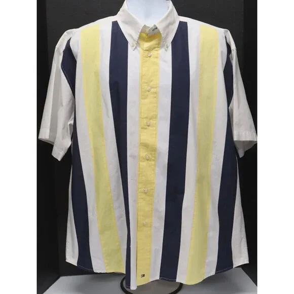 Vtg 2002 Tommy Hilfiger Mens XL Short Sleeve Button Down Yellow/Navy/White Shirt - Picture 1 of 8